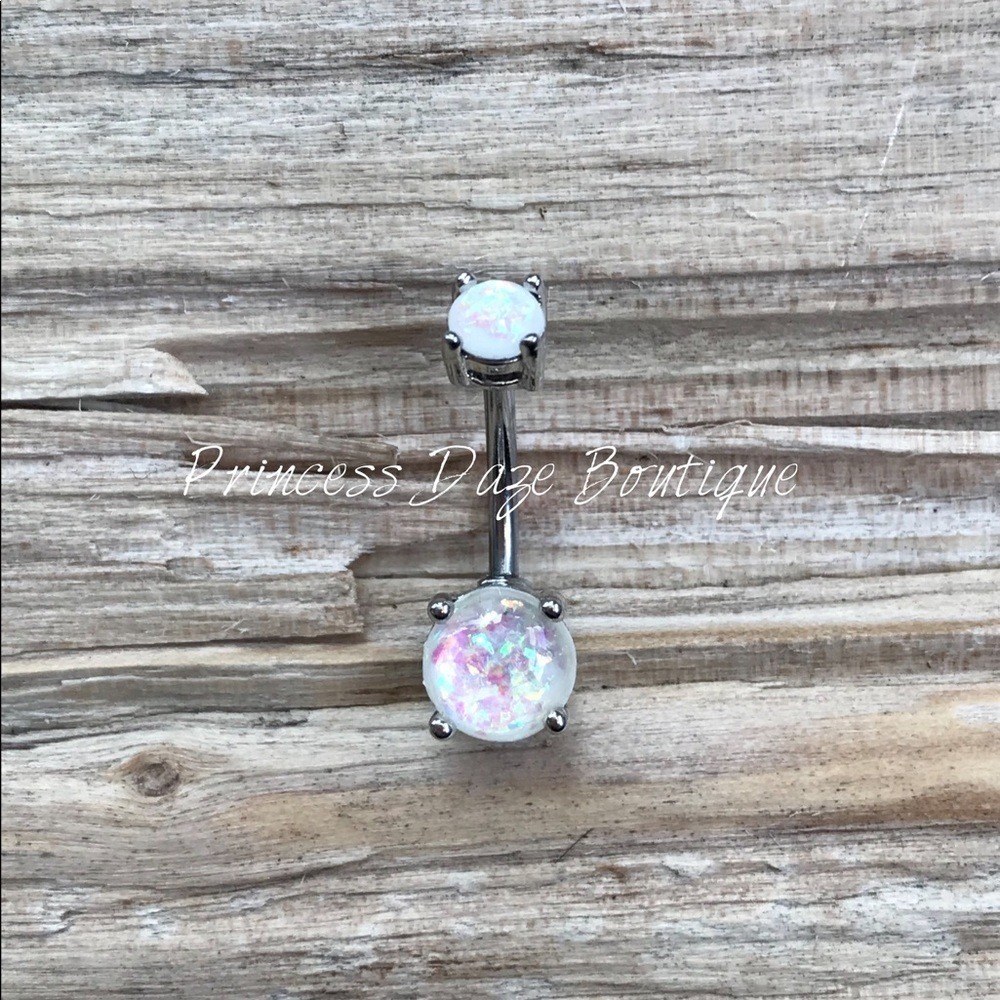 White Opal Prong Belly Button Ring